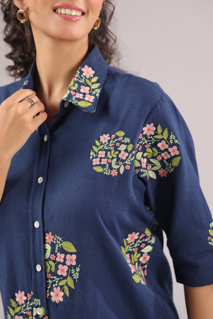 Navy Petal Embroidered Cotton Flex Shirt