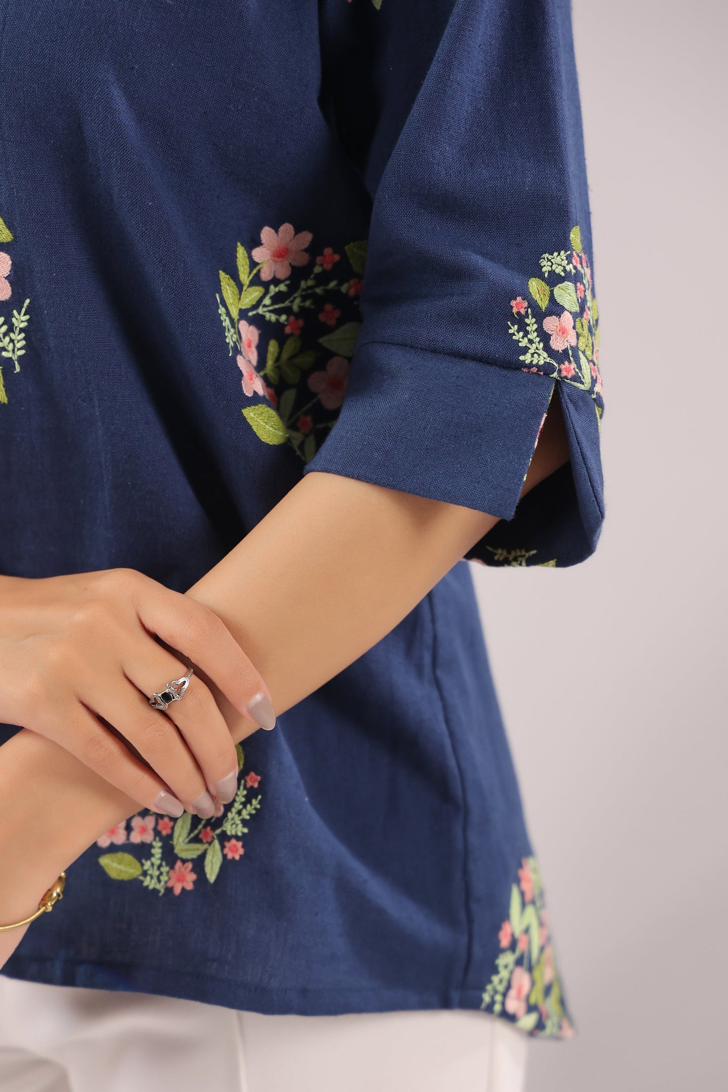 Navy Petal Embroidered Cotton Flex Shirt
