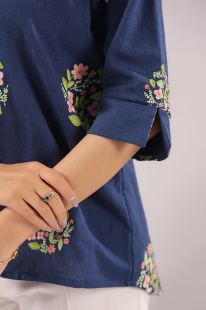 Navy Petal Embroidered Cotton Flex Shirt
