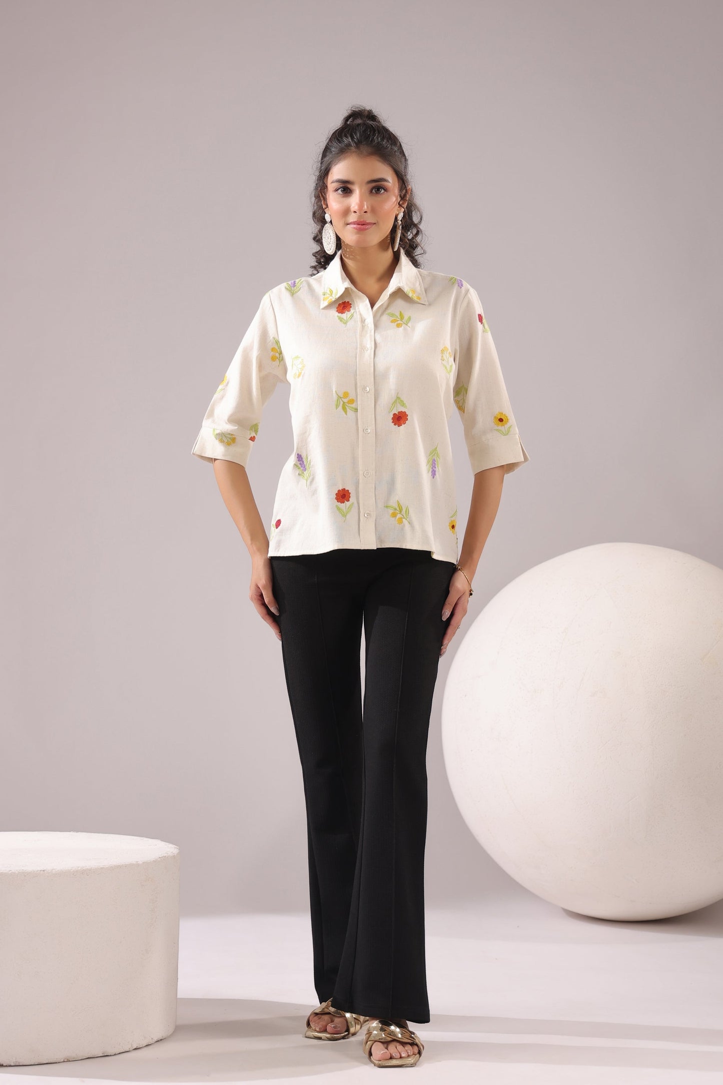 Ivory Meadow Embroidered Cotton Flex Shirt