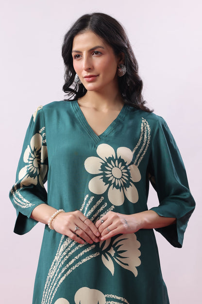 Teal Green Floral Printed Russian Silk Co-ord Set