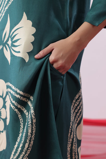 Teal Green Floral Printed Russian Silk Co-ord Set