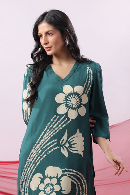 Teal Green Floral Printed Russian Silk Co-ord Set