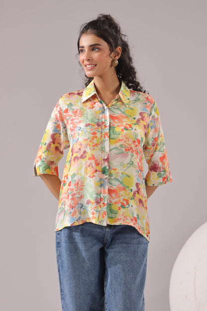 Sunlit Petal Printed Muslin Silk Shirt