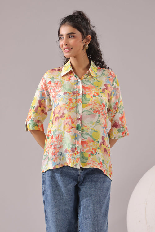 Sunlit Petal Printed Muslin Silk Shirt