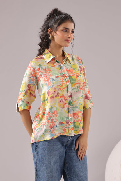 Sunlit Petal Printed Muslin Silk Shirt