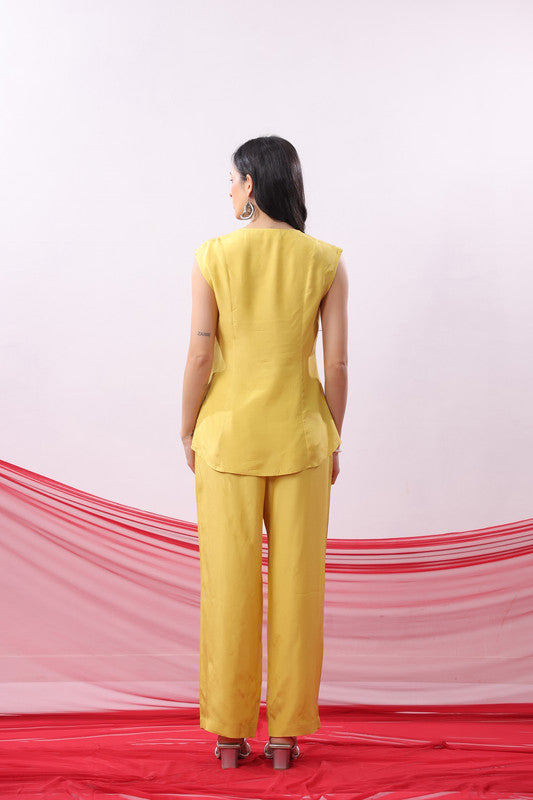 Yellow Solid Sleeveless Russian Silk Co-ord Set