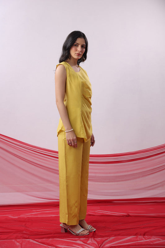 Yellow Solid Sleeveless Russian Silk Co-ord Set