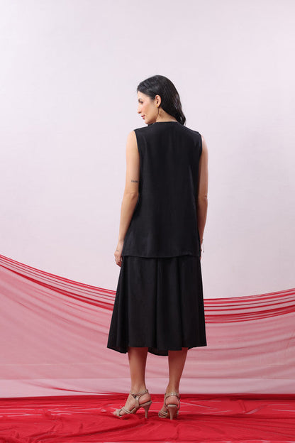Black Straight Fit Sleeveless Casual Russian Silk Co-ord Set
