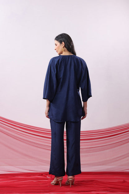 Navy Blue Twisted Russian Silk Solid Co-ord Set