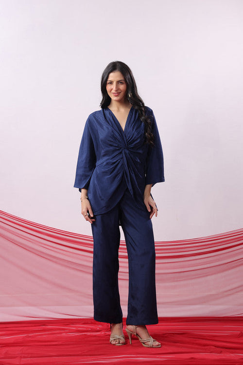 Navy Blue Twisted Russian Silk Solid Co-ord Set
