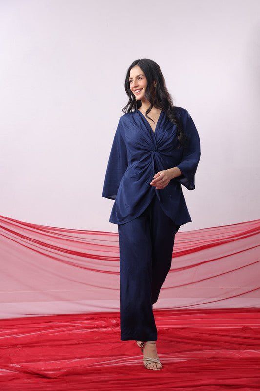 Navy Blue Twisted Russian Silk Solid Co-ord Set