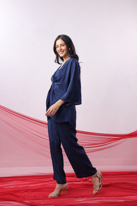 Navy Blue Twisted Russian Silk Solid Co-ord Set