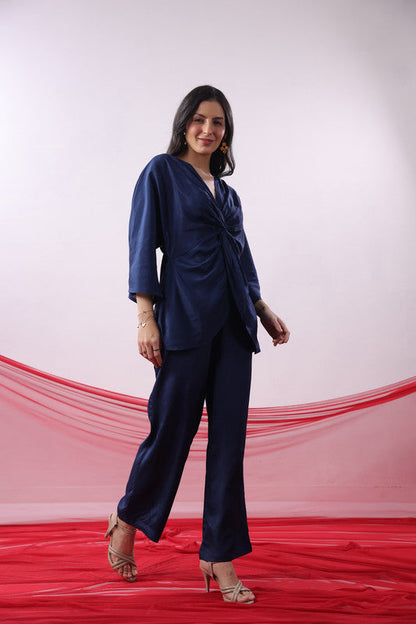 Navy Blue Twisted Russian Silk Solid Co-ord Set