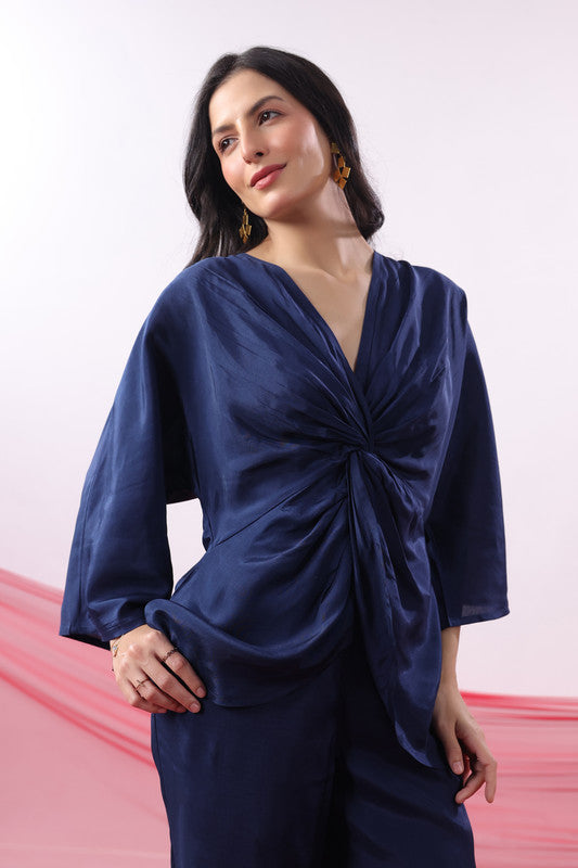 Navy Blue Twisted Russian Silk Solid Co-ord Set