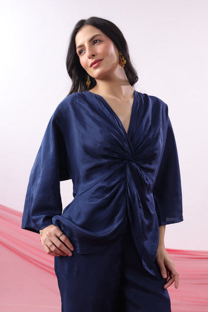 Navy Blue Twisted Russian Silk Solid Co-ord Set