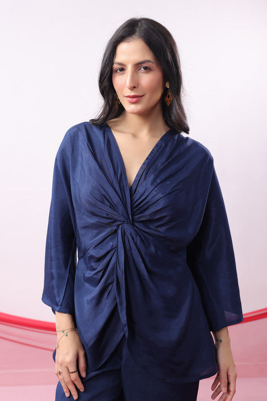 Navy Blue Twisted Russian Silk Solid Co-ord Set