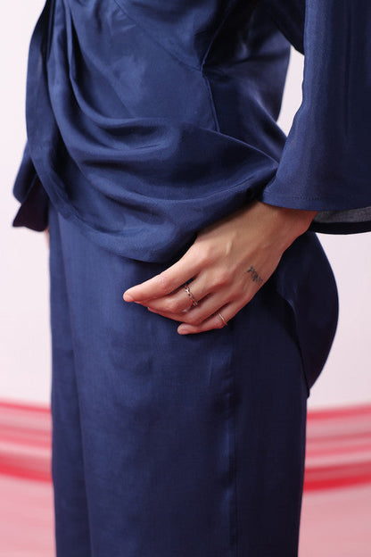 Navy Blue Twisted Russian Silk Solid Co-ord Set