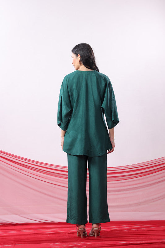 Emerald Green Solid Twist Front Elegant Russian Silk Co-ord Set