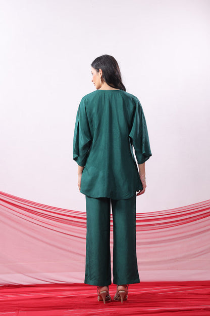 Emerald Green Solid Twist Front Elegant Russian Silk Co-ord Set
