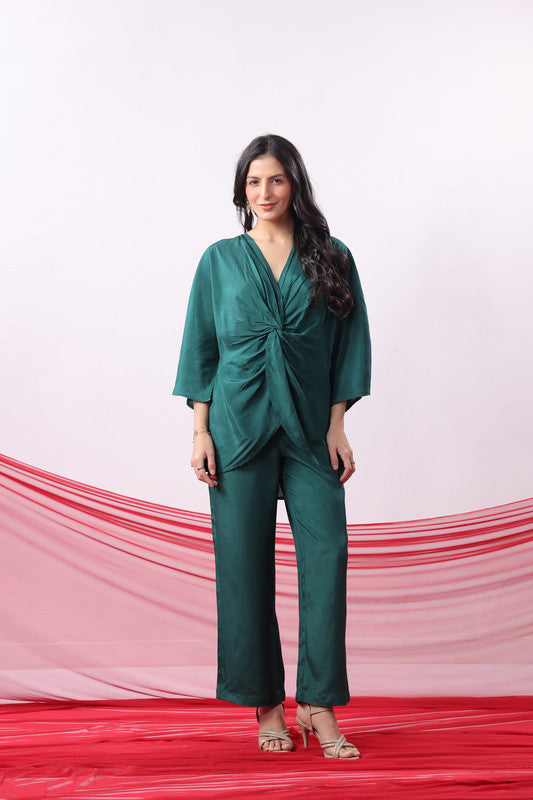 Emerald Green Solid Twist Front Elegant Russian Silk Co-ord Set