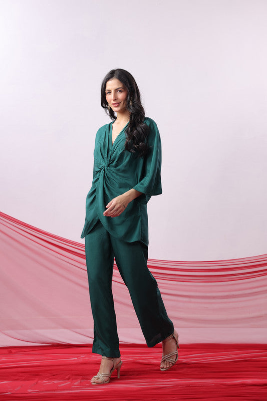 Emerald Green Solid Twist Front Elegant Russian Silk Co-ord Set