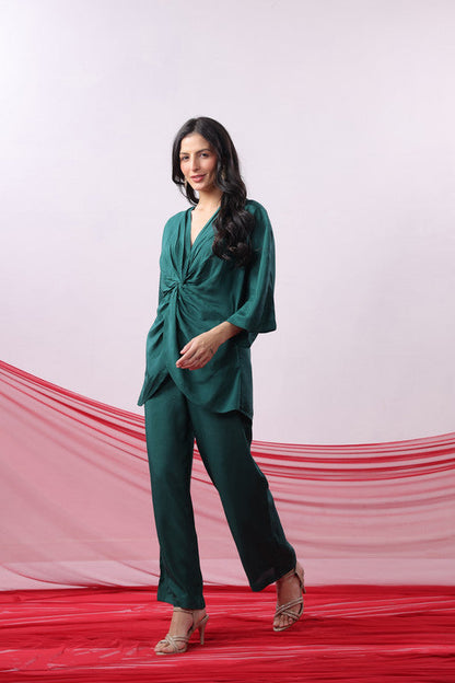 Emerald Green Solid Twist Front Elegant Russian Silk Co-ord Set