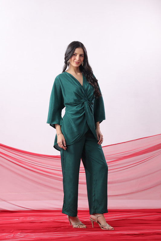 Emerald Green Solid Twist Front Elegant Russian Silk Co-ord Set