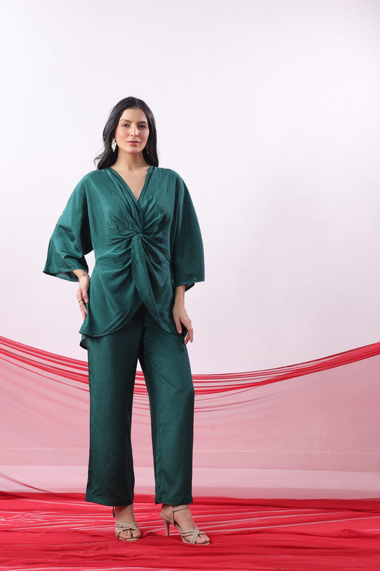 Emerald Green Solid Twist Front Elegant Russian Silk Co-ord Set