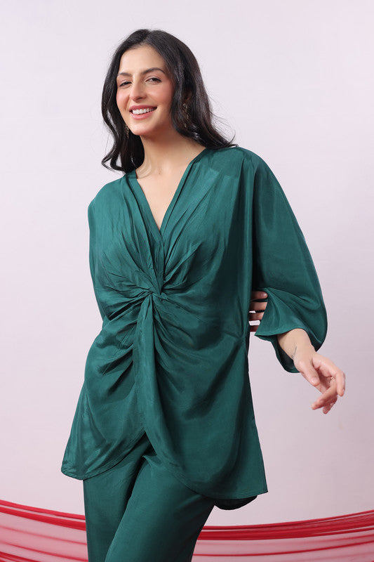 Emerald Green Solid Twist Front Elegant Russian Silk Co-ord Set