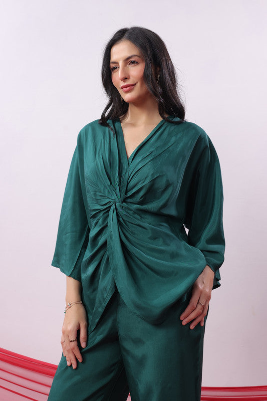 Emerald Green Solid Twist Front Elegant Russian Silk Co-ord Set