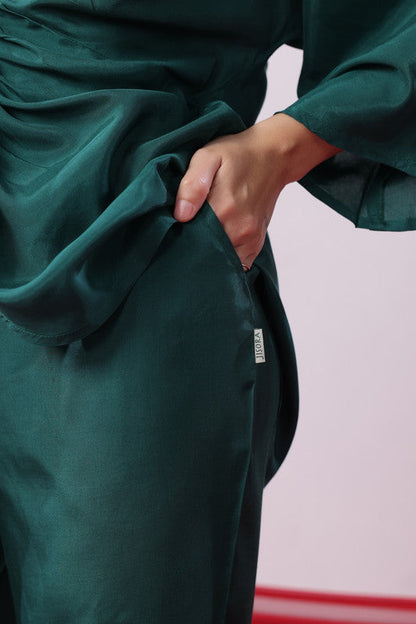 Emerald Green Solid Twist Front Elegant Russian Silk Co-ord Set