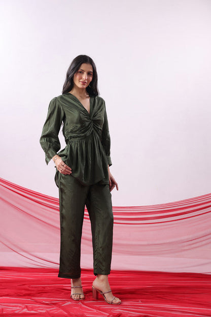 Olive Green Solid Twist Front Knot Co-ord Set