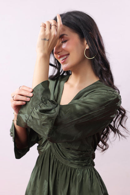 Olive Green Solid Twist Front Knot Co-ord Set