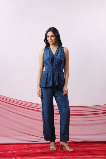 Navy Blue Solid Sleeveless Tie-Up Co-ord Set