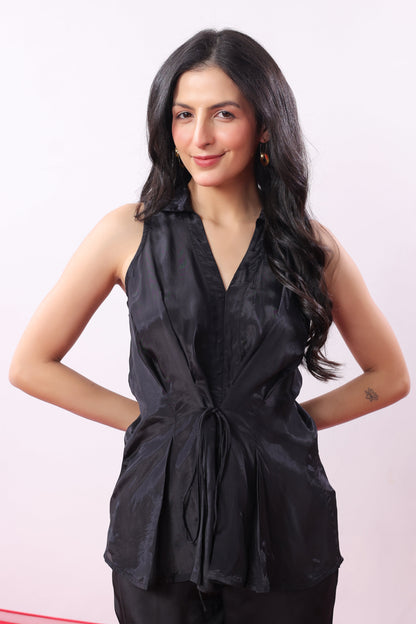 Black Solid Front Knot Sleeveless Co-ord Set