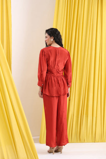Rust Solid Elegant Front Twist Detail Co-ord Set