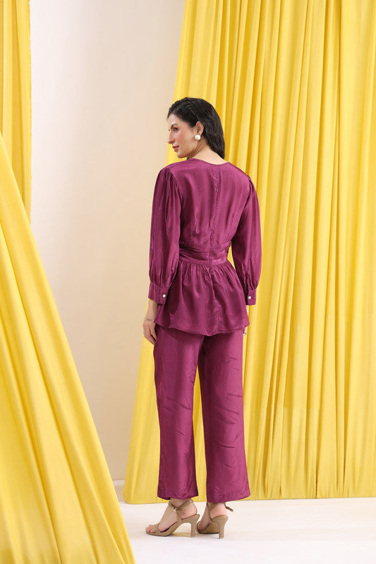 Purple Solid Ruched Front Knot Detail Co-ord Set