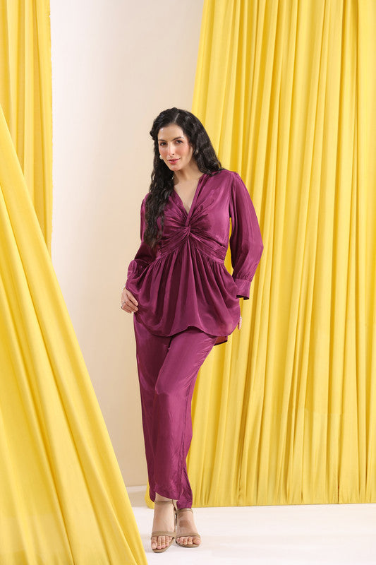 Purple Solid Ruched Front Knot Detail Co-ord Set