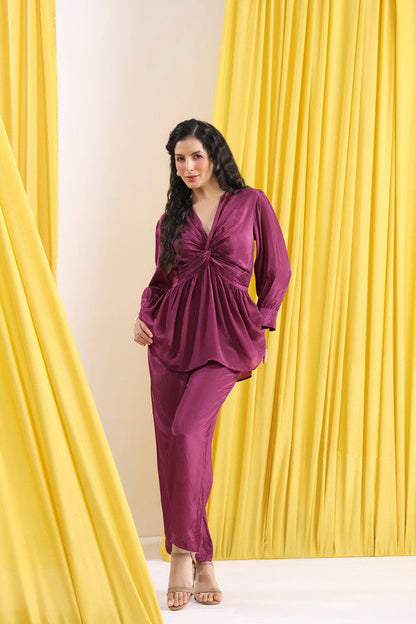 Purple Solid Ruched Front Knot Detail Co-ord Set