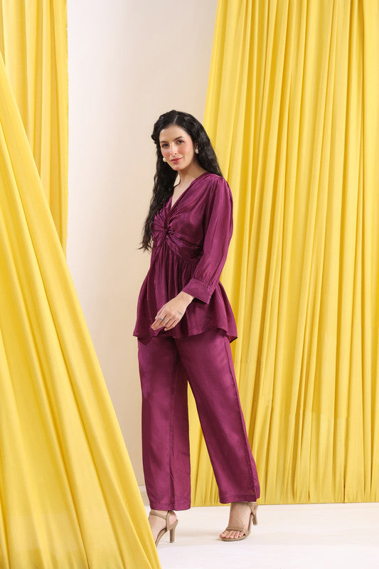 Purple Solid Ruched Front Knot Detail Co-ord Set