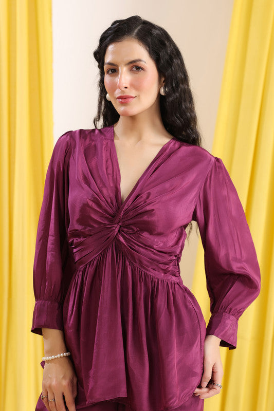 Purple Solid Ruched Front Knot Detail Co-ord Set