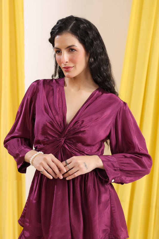 Purple Solid Ruched Front Knot Detail Co-ord Set