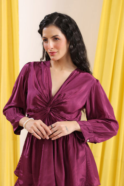 Purple Solid Ruched Front Knot Detail Co-ord Set
