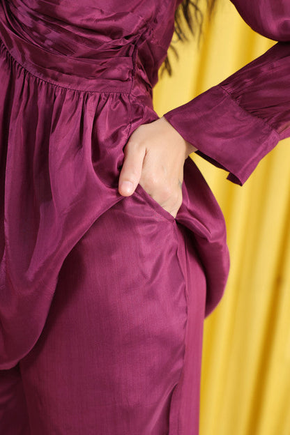 Purple Solid Ruched Front Knot Detail Co-ord Set