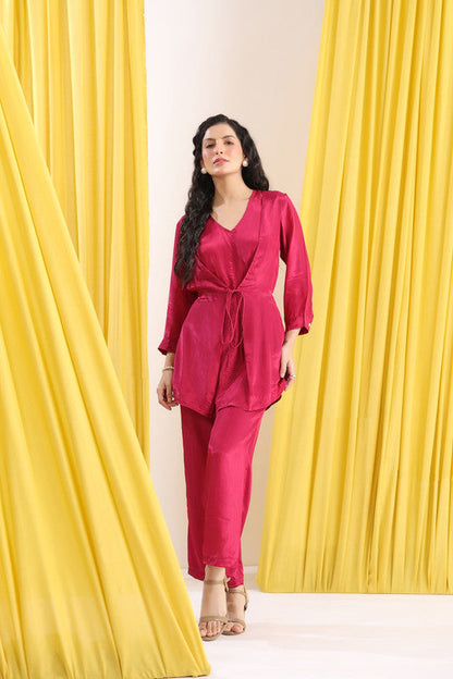 Pink Solid Wrap Tie-Up Co-ord Set