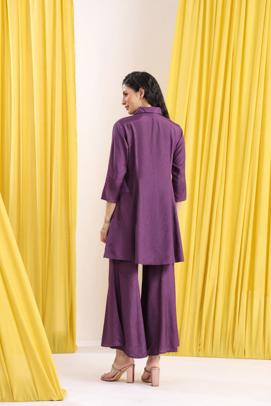 Purple Solid Tie-Up Neck Russian Silk Co-ord Set