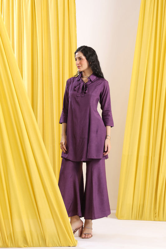 Purple Solid Tie-Up Neck Russian Silk Co-ord Set