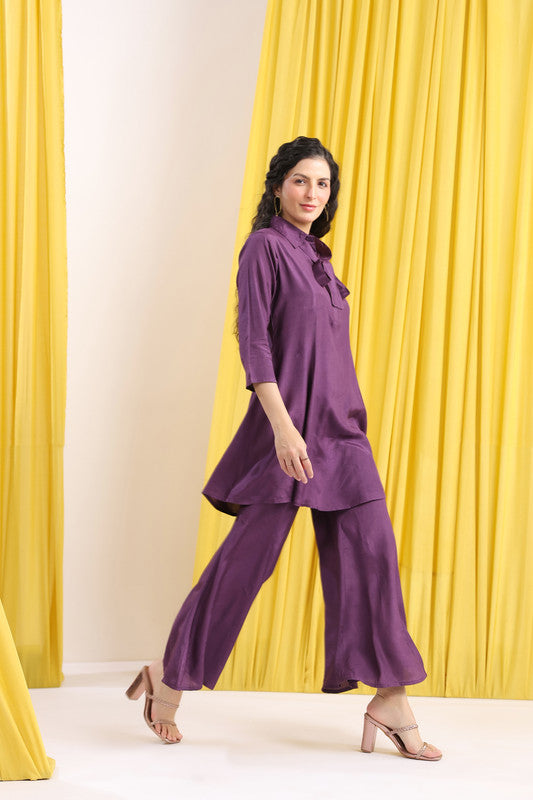 Purple Solid Tie-Up Neck Russian Silk Co-ord Set