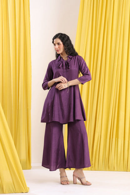 Purple Solid Tie-Up Neck Russian Silk Co-ord Set